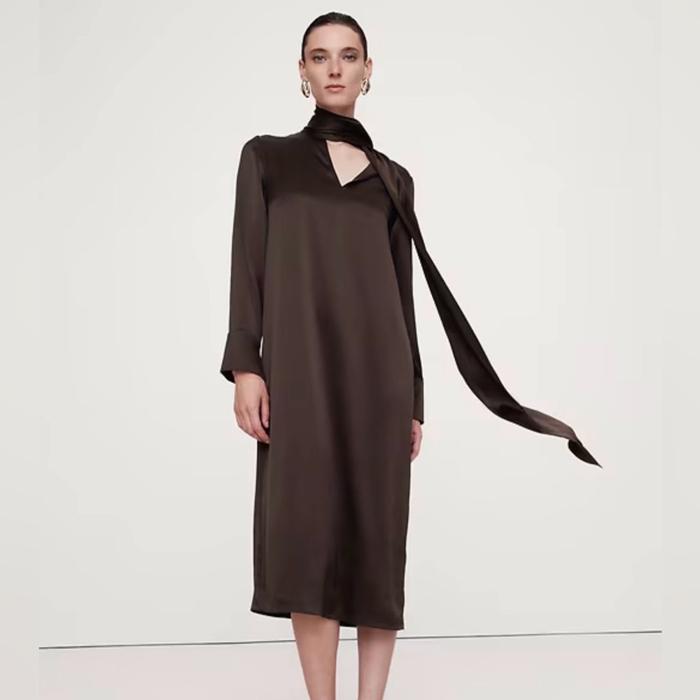 Worn 2x Banana Republic silk tie neck midi dress. Petite Medium. Brown.